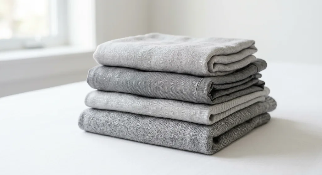 Neatly folded radiation-shielding clothing with visible silver metallic fiber texture on a clean white surface