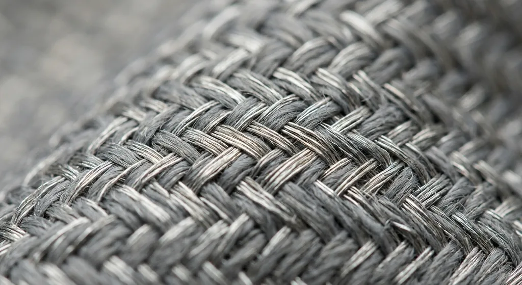 Close-up macro view of silver conductive fabric weave used in EMF-shielding clothing showing metallic thread texture