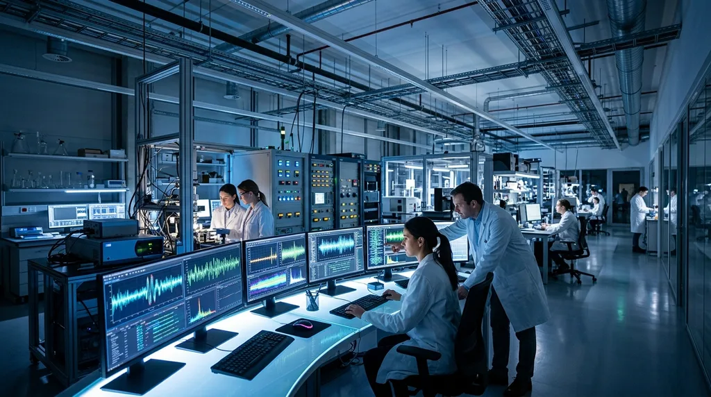 Scientists in a research laboratory analyzing electromagnetic field exposure data on computer monitors