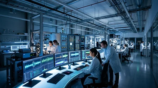 Scientists in a research laboratory analyzing electromagnetic field exposure data on computer monitors