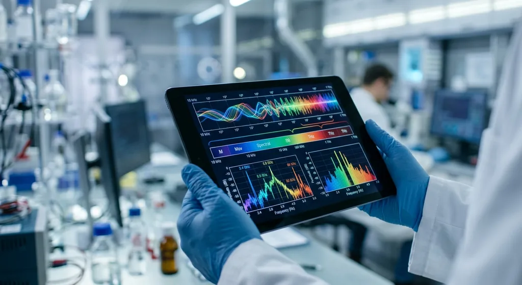 Scientist reviewing electromagnetic field frequency data on a tablet in a research laboratory