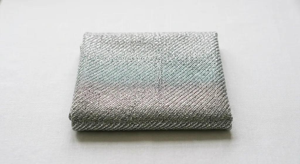 Close-up of a silver-threaded faraday fabric garment showing conductive fiber weave detail