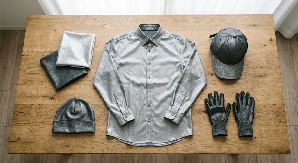 Assorted faraday protective clothing items including a shirt and cap displayed on a wooden surface