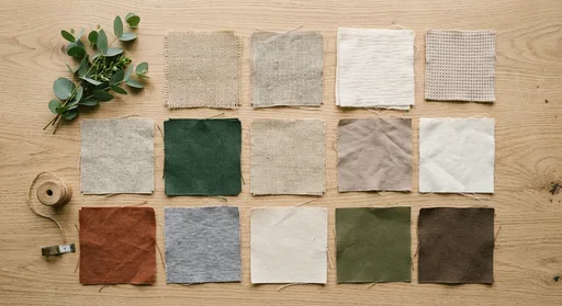 Flat-lay of sustainable apparel material swatches including hemp, linen, organic cotton, and recycled polyester on a wooden surface.