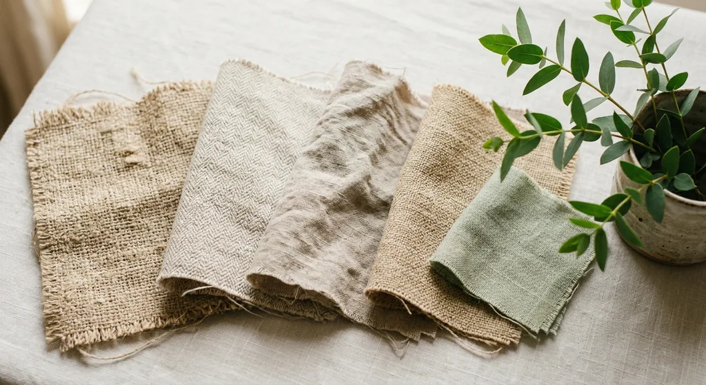 Close-up of natural hemp and linen sustainable fabric swatches with visible texture on a neutral background.