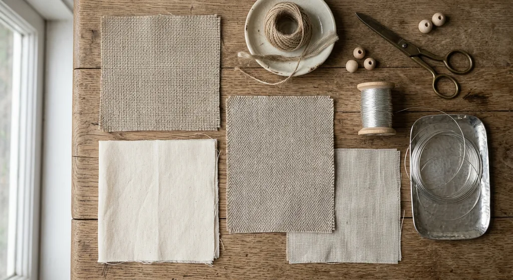 Flat-lay of natural hemp and organic cotton fabric swatches with fine silver thread, representing sustainable EMF shielding textiles