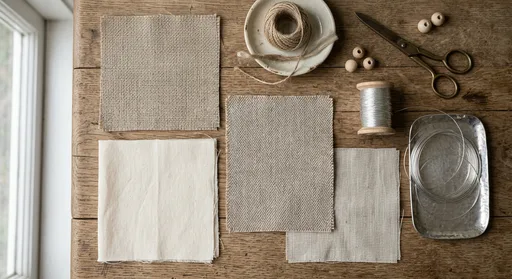 Flat-lay of natural hemp and organic cotton fabric swatches with fine silver thread, representing sustainable EMF shielding textiles