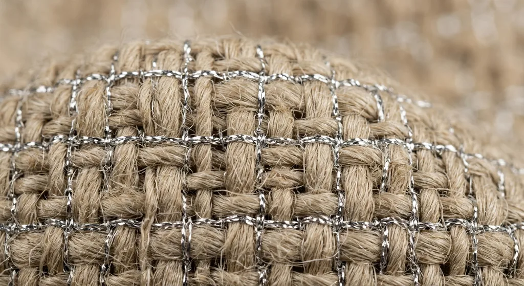 Close-up of a sustainable shielding fabric showing interlaced natural fiber and fine silver metallic thread
