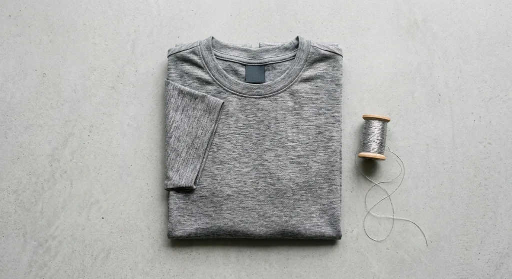Flat-lay of a silver-threaded EMF blocking shirt folded on a light gray surface with a spool of conductive thread beside it