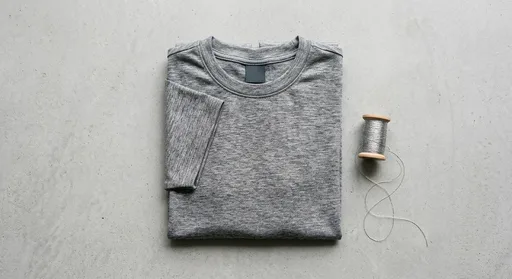 Flat-lay of a silver-threaded EMF blocking shirt folded on a light gray surface with a spool of conductive thread beside it