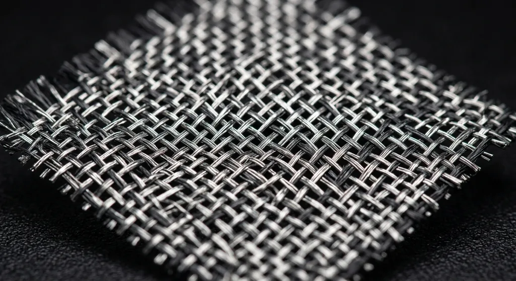 Macro close-up of woven EMF blocking fabric showing interlocking silver conductive threads in a fine mesh pattern
