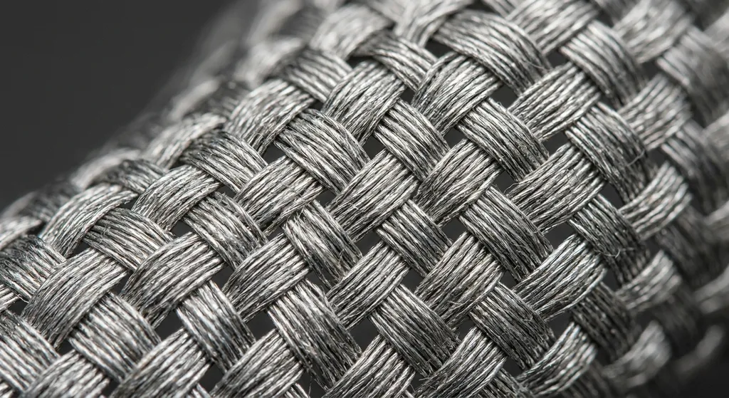 Close-up of a silver-coated conductive textile with a tight metallic weave used for electromagnetic shielding