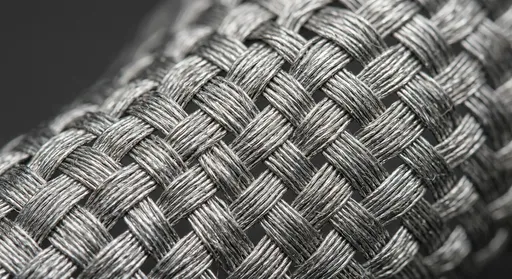 Close-up of a silver-coated conductive textile with a tight metallic weave used for electromagnetic shielding