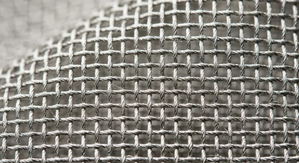 Macro view of silver-coated conductive textile fibers woven into a tight shielding grid, showing metallic sheen and fine yarn structure